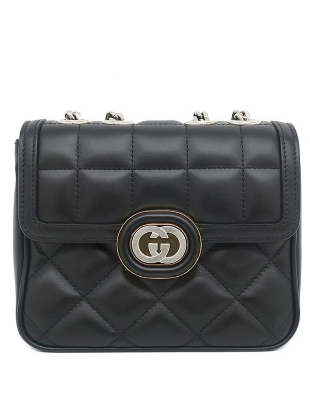 Gucci Shoulder Bag Deco Mini Chain Leather Black Silver Interlocking G Gold